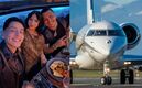 Kunno,Christian Nodal y Ángela Aguilar se abrazan al interior de un avión (Foto: Instagram)