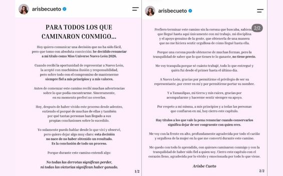 Arisbe Cueto renuncia a la corona de Nuevo León y borra el comunicado